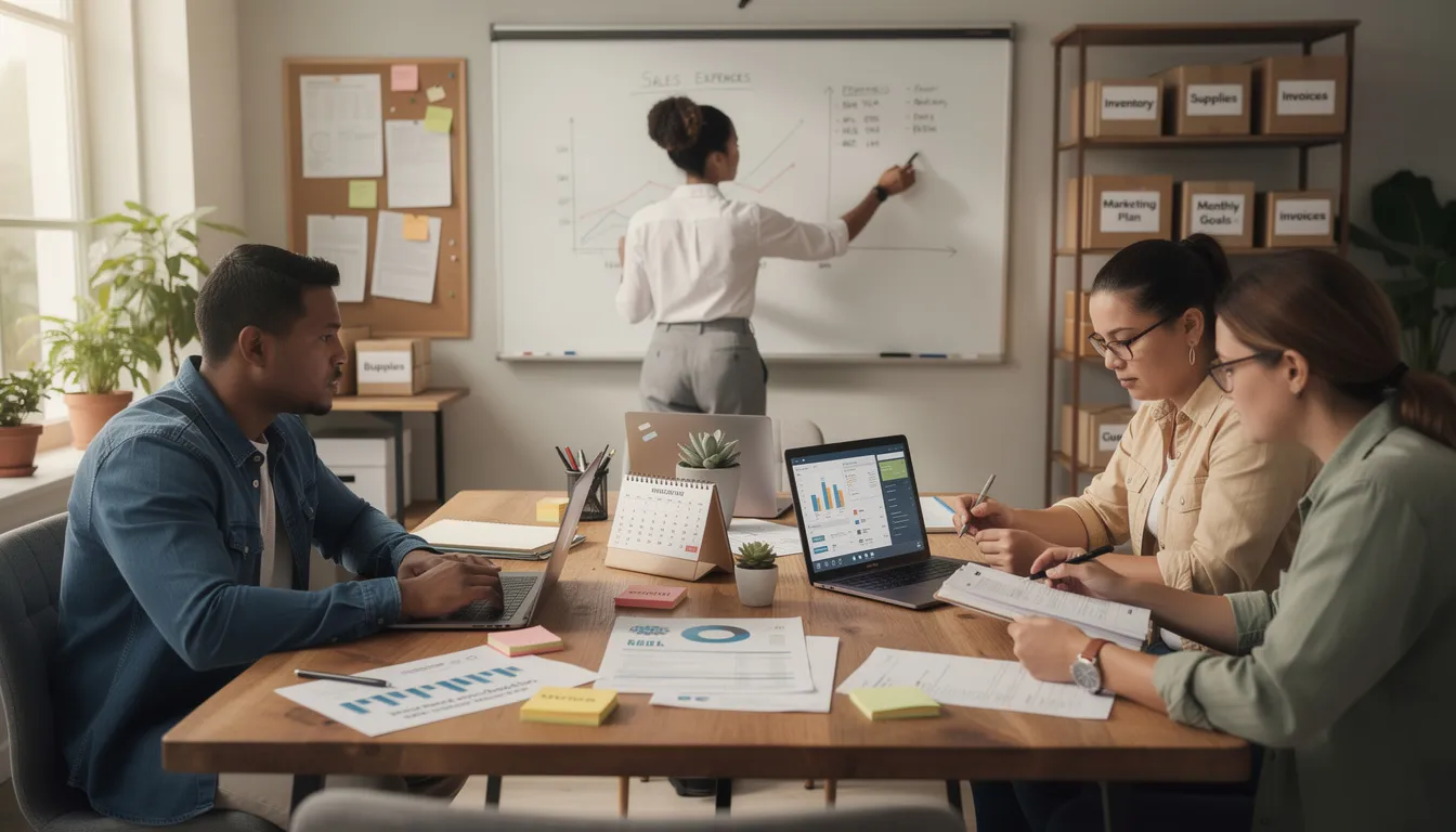 The image depicts a group of small business owners engaged in a workshop focused on small business management, discussing strategies for successful business growth and effective cash flow management. They are sharing valuable insights on business operations and the importance of a solid business plan to ensure long-term success.