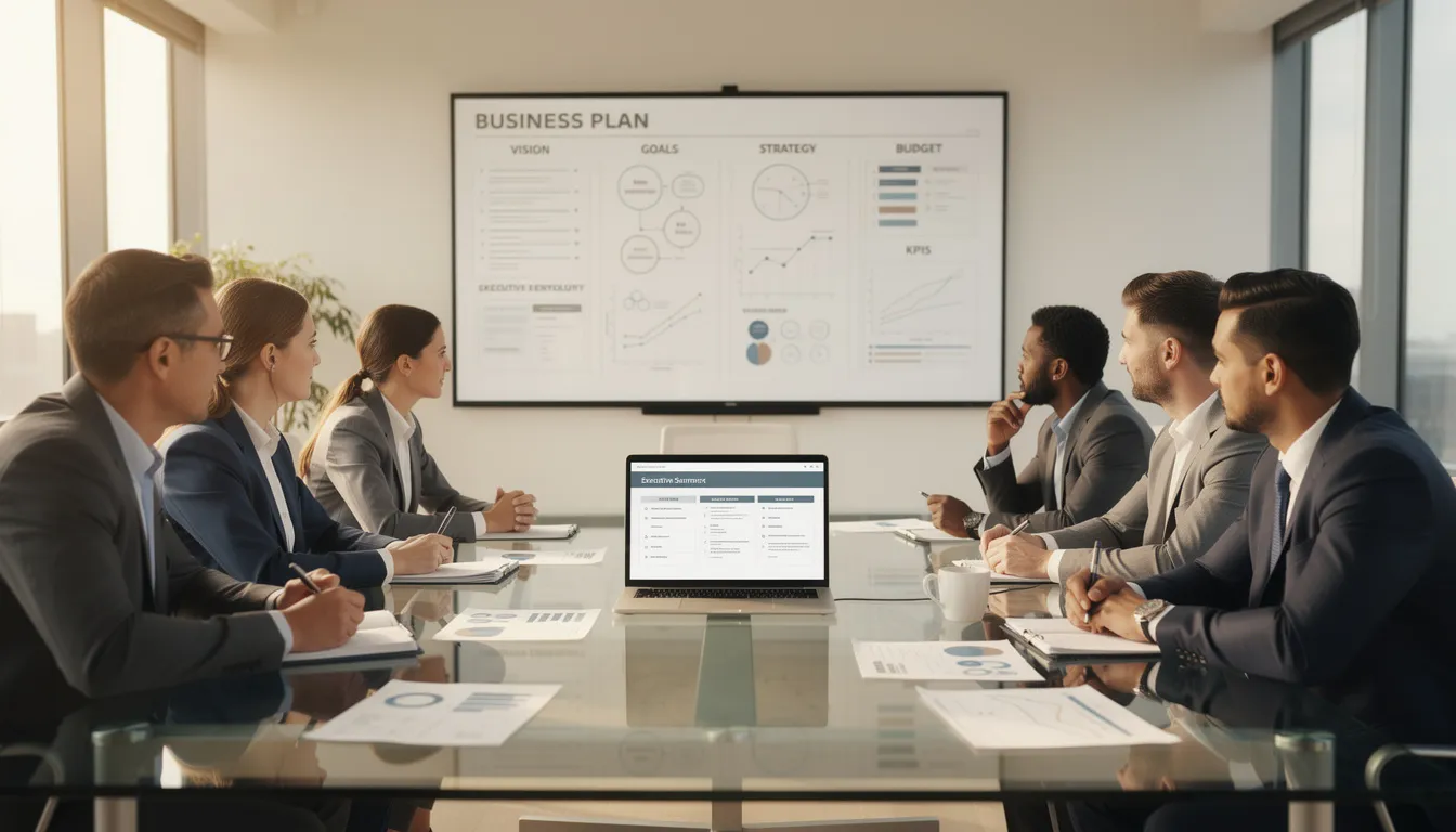 The image illustrates a small business owner drafting a comprehensive business plan, surrounded by resources such as analytics tools and notes on cash flow management. This scene emphasizes the importance of informed decisions and strategic planning for long-term success in small business growth.
