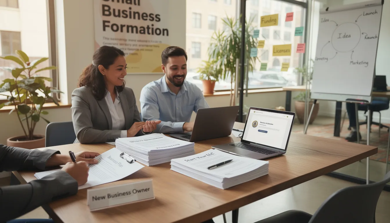 The image depicts a diverse group of small business owners engaged in a workshop, discussing strategies for successful business formation and management. They are sharing valuable insights on business plans, cash flow, and building relationships with potential customers to ensure long-term success.