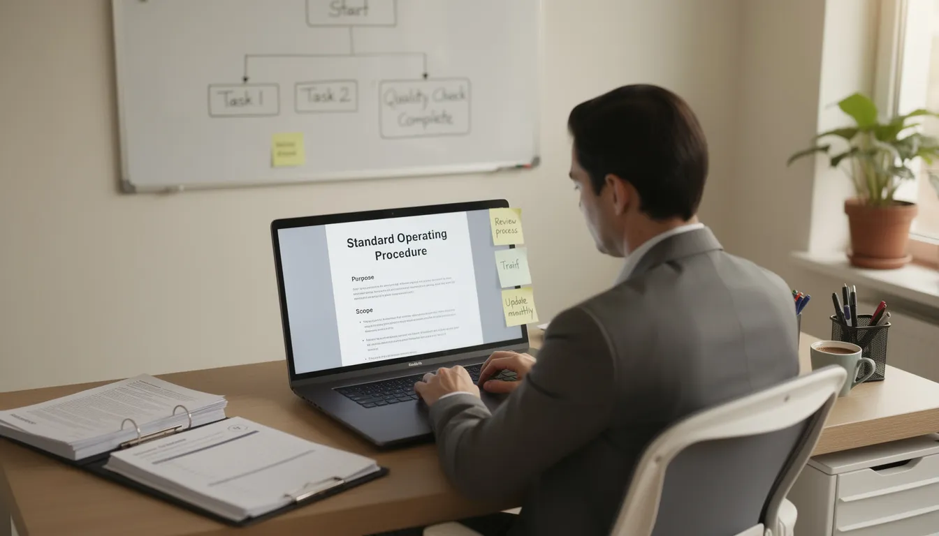 The image depicts a person sitting at a desk, focused on writing a standard operating procedure for a small business, surrounded by various testing tools and a computer displaying a source code repository. The workspace includes notes and modules that outline the content and verification steps necessary for the procedure, emphasizing the importance of clear descriptions and expected outputs.
