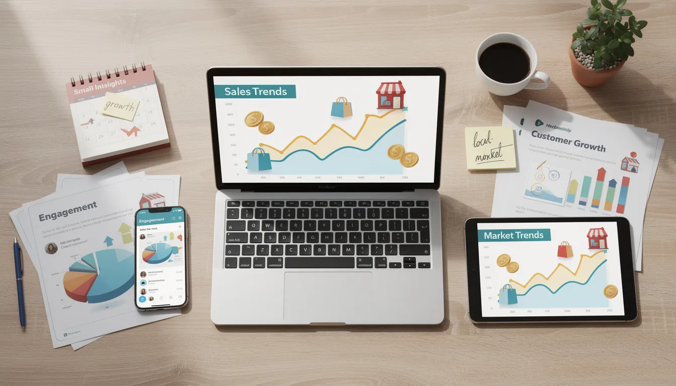 The image depicts a diverse group of individuals engaged in a discussion about monitoring small business trends, emphasizing the importance of business ownership and entrepreneurship. They are focused on strategies to connect with clients and enhance their marketing efforts to gain a competitive advantage in their industry.