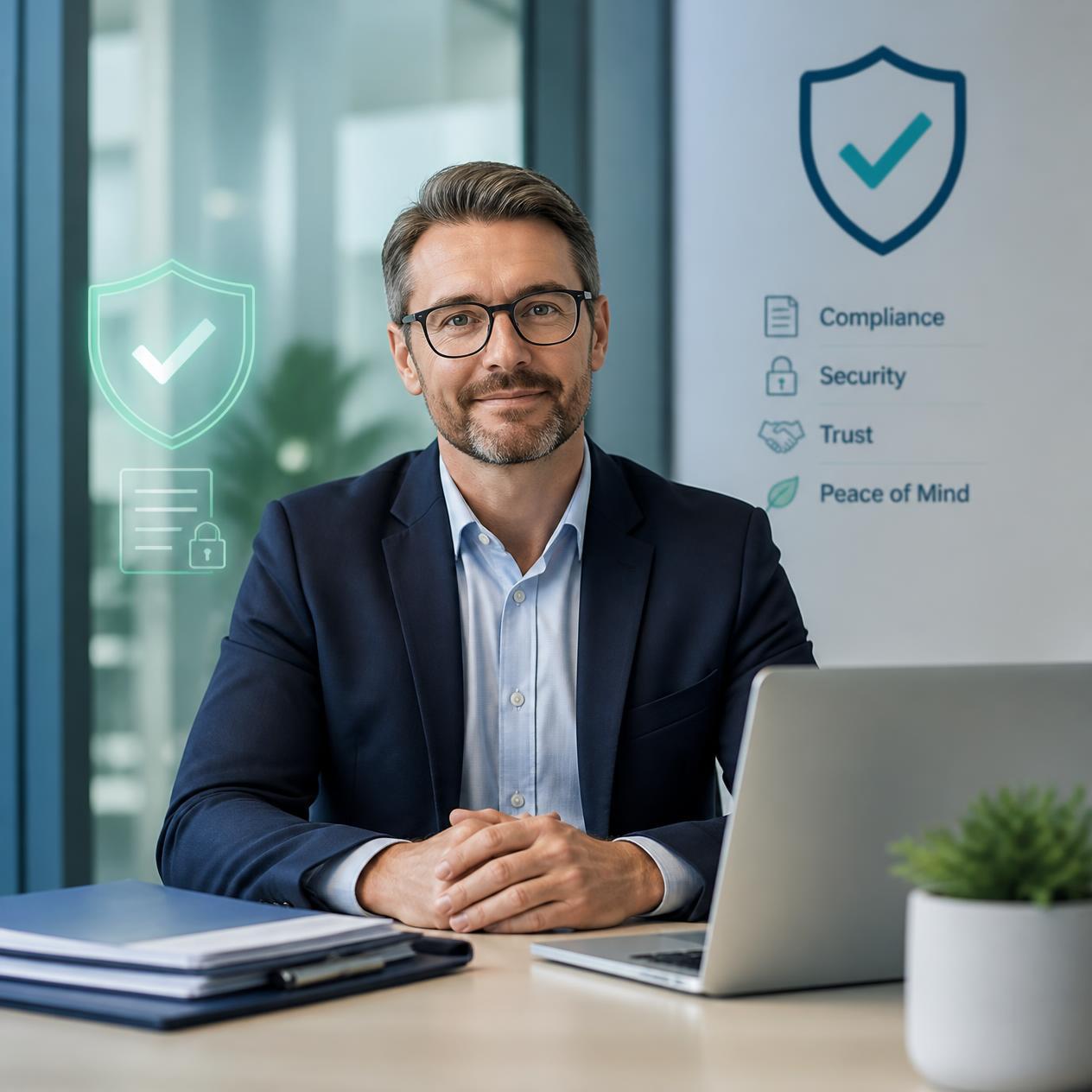 A business professional in glasses and a navy suit sits at a desk with a laptop in a modern office. Shield and checkmark graphics, along with icons labeled “Compliance,” “Security,” “Trust,” and “Peace of Mind,” appear in the background.