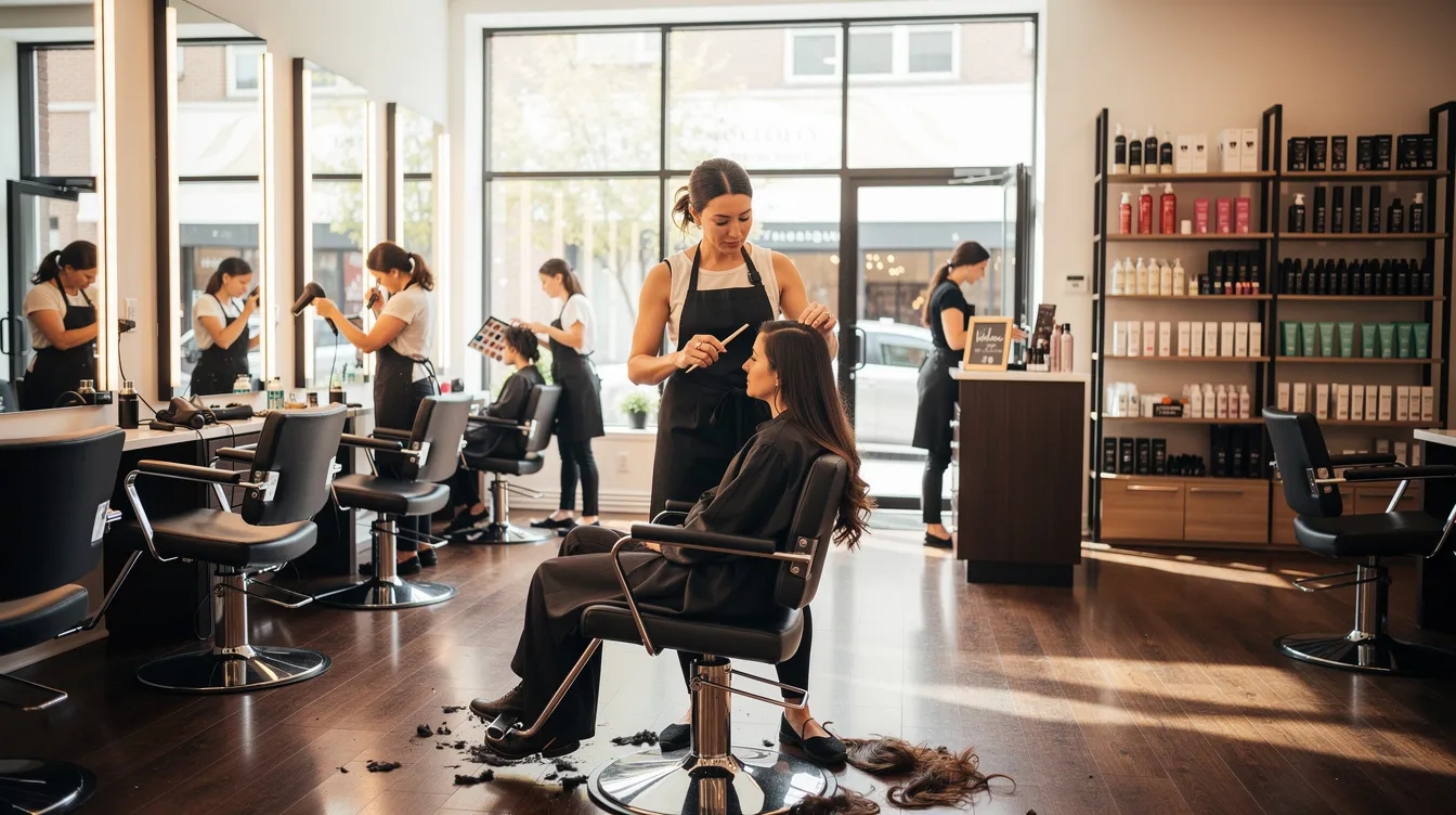 The image depicts a busy salon environment where licensed cosmetologists are providing various cosmetology services, including hair cutting and coloring, as well as nail care. Students from a cosmetology program can be seen practicing their skills under the supervision of experienced professionals, showcasing the vibrant atmosphere of the beauty industry.