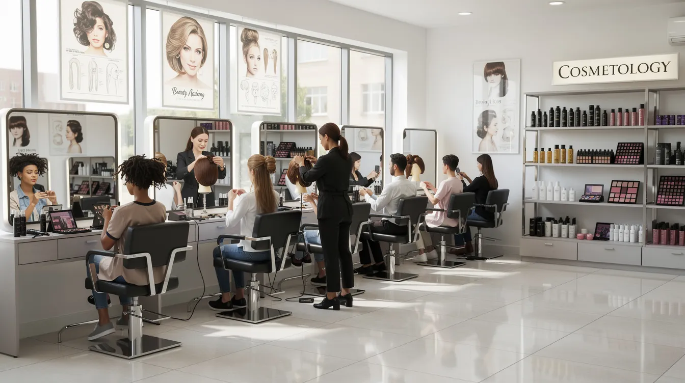 The image depicts a vibrant cosmetology school classroom where students are engaged in hands-on training, learning advanced techniques in hair cutting, skin care, and nail care. Various beauty tools and products are visible, highlighting the diverse curriculum that prepares students for careers as licensed cosmetologists in the beauty industry.