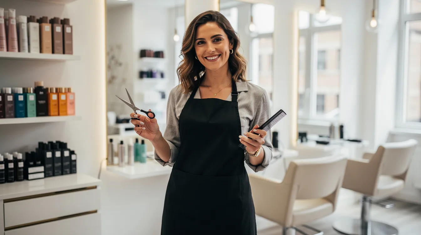 A cheerful hairstylist stands in a salon, showcasing their skills in hair cutting and styling while surrounded by various cosmetology tools. This licensed cosmetologist embodies the vibrant spirit of the beauty industry, ready to provide a range of cosmetology services to clients.