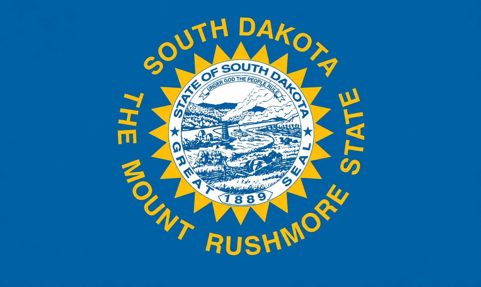 South Dakota state flag on a solid blue background featuring the state seal centered within a gold sunburst. Gold text encircles the seal, reading &ldquo;South Dakota&rdquo; at the top and &ldquo;The Mount Rushmore State&rdquo; at the bottom. The seal contains a blue-and-white illustration of a river, farmland, hills, and industrial elements, with &ldquo;State of South Dakota&rdquo; and the year &ldquo;1889&rdquo; displayed around its border. The image fills the entire frame with no visible side borders.