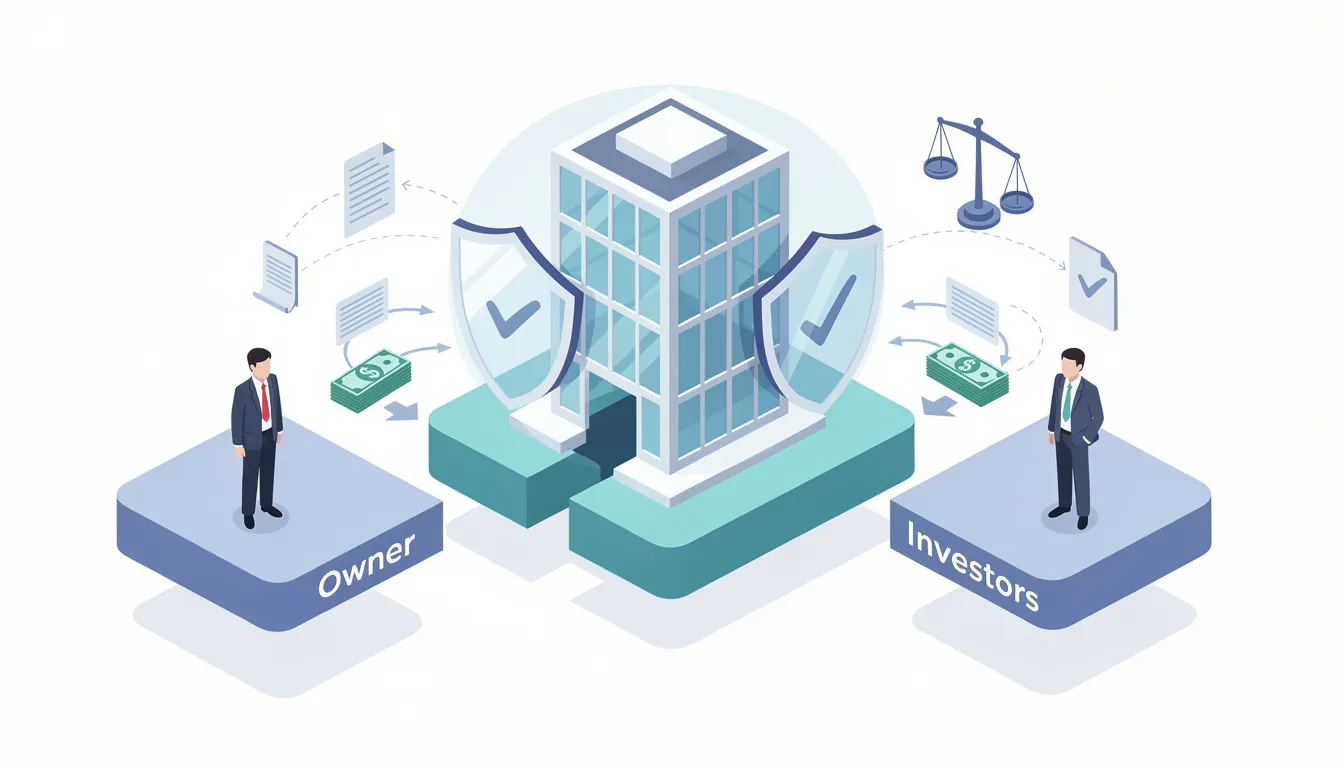 The image illustrates the concept of a separate business entity, highlighting various business structures such as limited liability companies and corporations. It emphasizes the importance of legal registration, personal liability protection, and maintaining a business bank account to safeguard personal assets while operating a new business.
