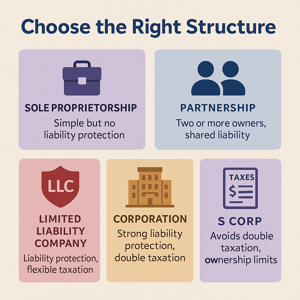 A chart showcasing the different types of business structures and a few aspects of each one.