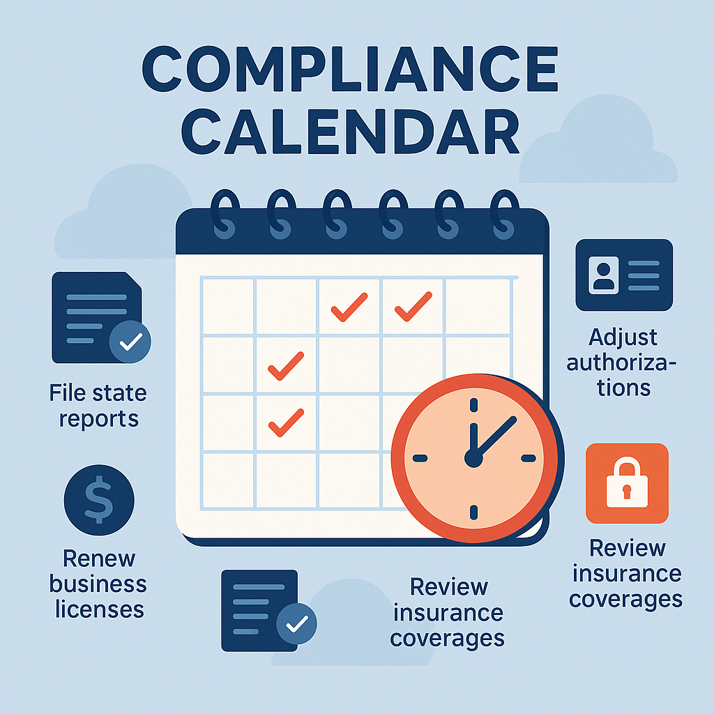 A calendar highlighting the importance of submitting reports on time, renewing licenses, and reviewing important information.