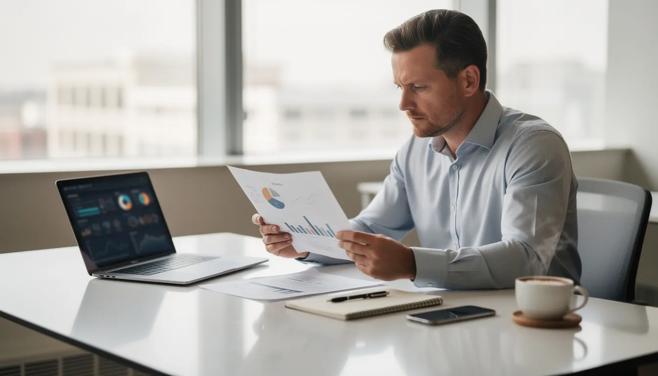 An entrepreneur is seated at a modern desk, reviewing various business documents, including financial statements and regulatory documents, while a laptop and a cup of coffee are nearby. This scene reflects the essential activities involved in managing a business, ensuring compliance with industry regulations, and preparing for meetings with potential investors or business partners.