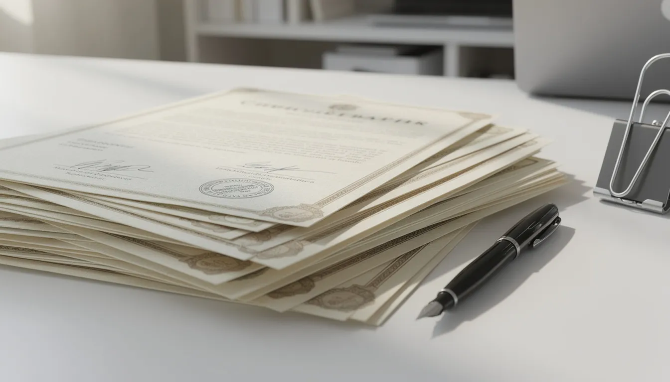 The image depicts a collection of official business certificates and legal paperwork neatly stacked on an office desk, showcasing various business documents essential for compliance with industry regulations and the registration process. These documents may include financial statements, contracts, and regulatory documents that are vital for small businesses and their operations.