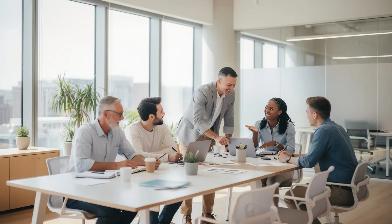 The image depicts a diverse group of team members collaborating in a bright, modern office space, surrounded by various business documents and laptops. They are engaged in a productive discussion, likely focusing on business plans and reports that will impact their organization and compliance with industry regulations.