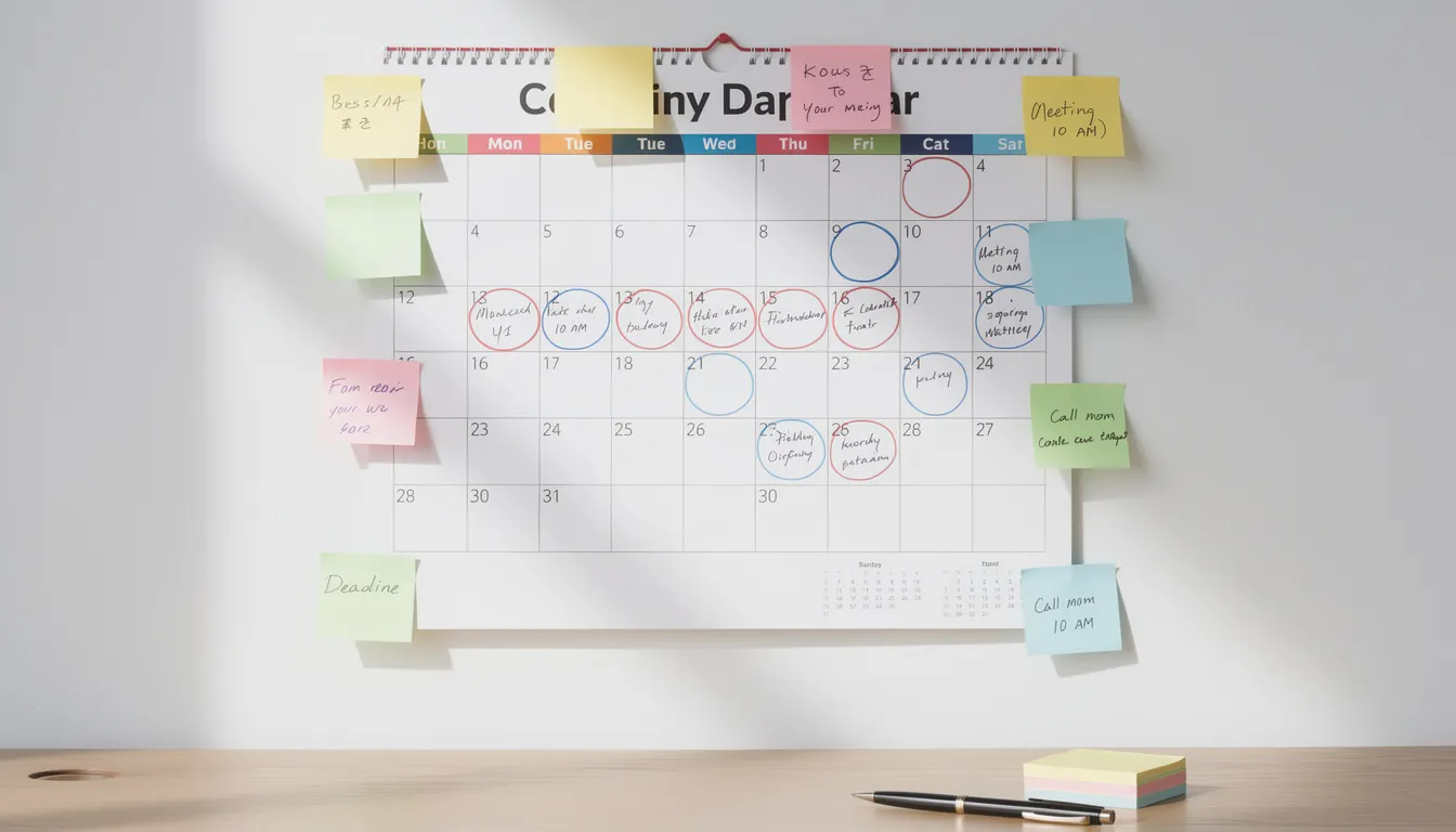 The image depicts a wall calendar with several dates circled, accompanied by colorful sticky notes that serve as reminders for important business meetings and deadlines. This visual representation highlights the organization and planning necessary for managing various business documents and compliance with industry regulations.