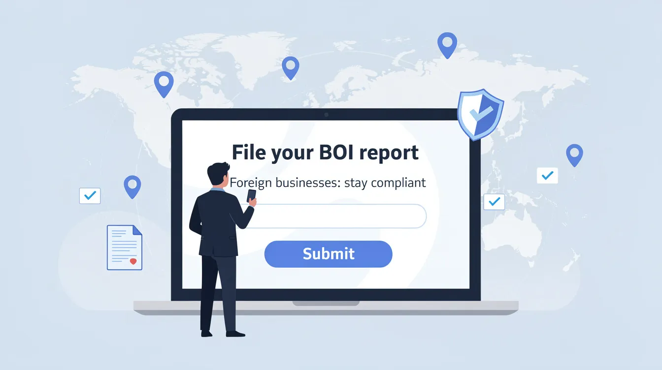 This image depicts a reminder for foreign business owners to file their beneficial ownership information report to comply with the corporate transparency act. It emphasizes the importance of reporting beneficial ownership information to the Financial Crimes Enforcement Network (FinCEN) to avoid penalties, especially after the recent changes regarding beneficial ownership reporting requirements.