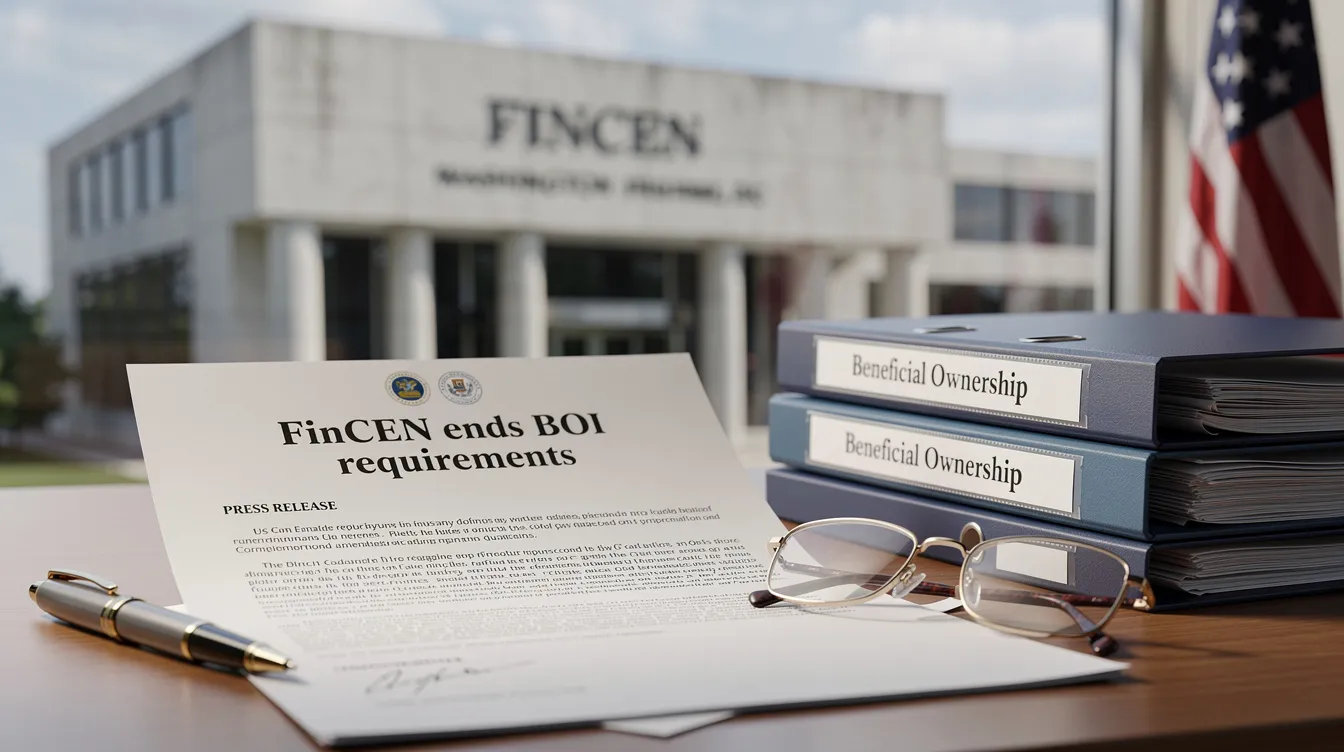 The image depicts a news headline announcing that FinCEN has permanently ended beneficial ownership reporting requirements for millions of small business owners, highlighting the implications of the final rule under the Corporate Transparency Act. This decision aims to reduce burdensome reporting for U.S. companies and enhance corporate transparency.