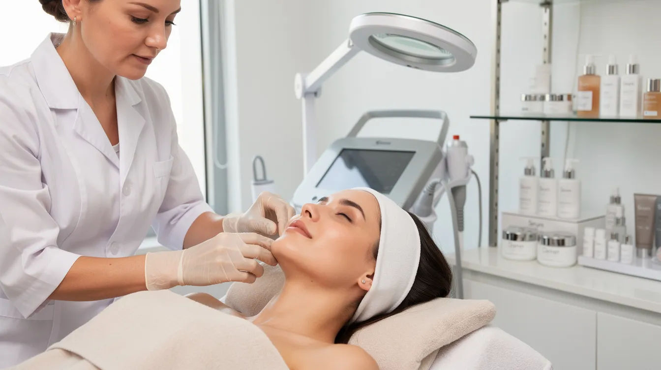 Professional esthetician providing a facial skincare treatment to a client at a beauty spa.