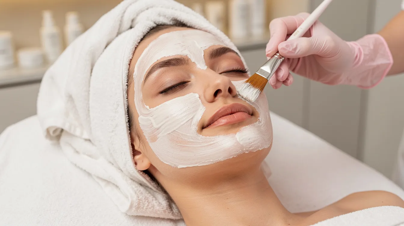 A licensed esthetician performs a facial treatment in a serene spa environment, focusing on skin health and addressing various skin concerns. The scene captures the esthetician applying skincare products and conducting a skin analysis to enhance the client's skin's appearance.