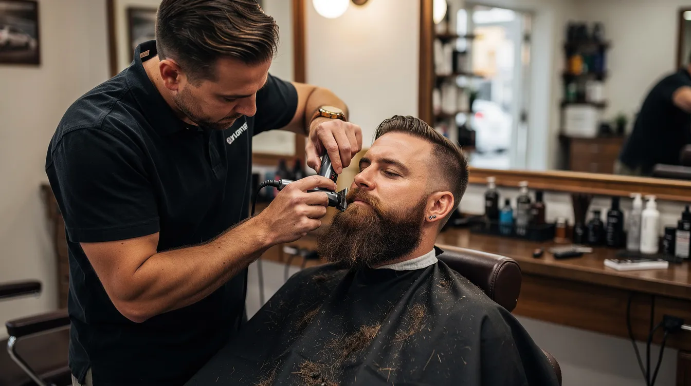 A barber is carefully trimming a man's beard with scissors in a modern barbershop setting, showcasing the art of beard grooming. The friendly atmosphere highlights the skillful techniques often used in traditional and contemporary barber services.