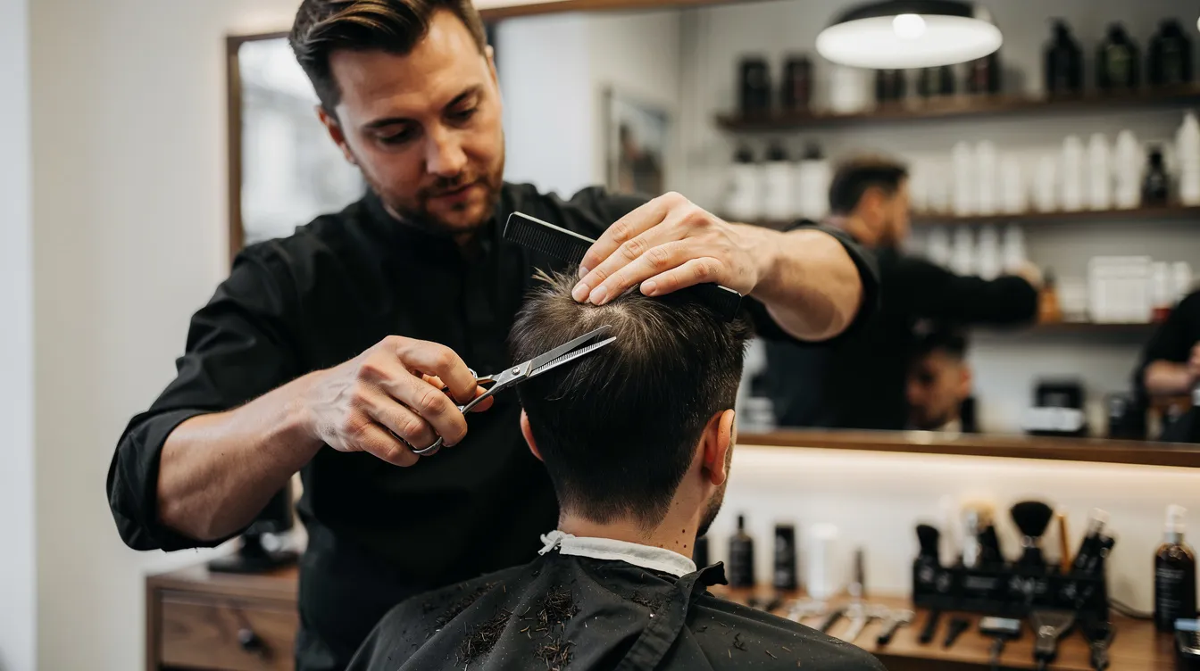 A barber is skillfully cutting hair in a modern barbershop, surrounded by tools like scissors and clippers. The atmosphere is friendly and welcoming, reflecting the traditional barbershop experience while showcasing the barber's grooming services.