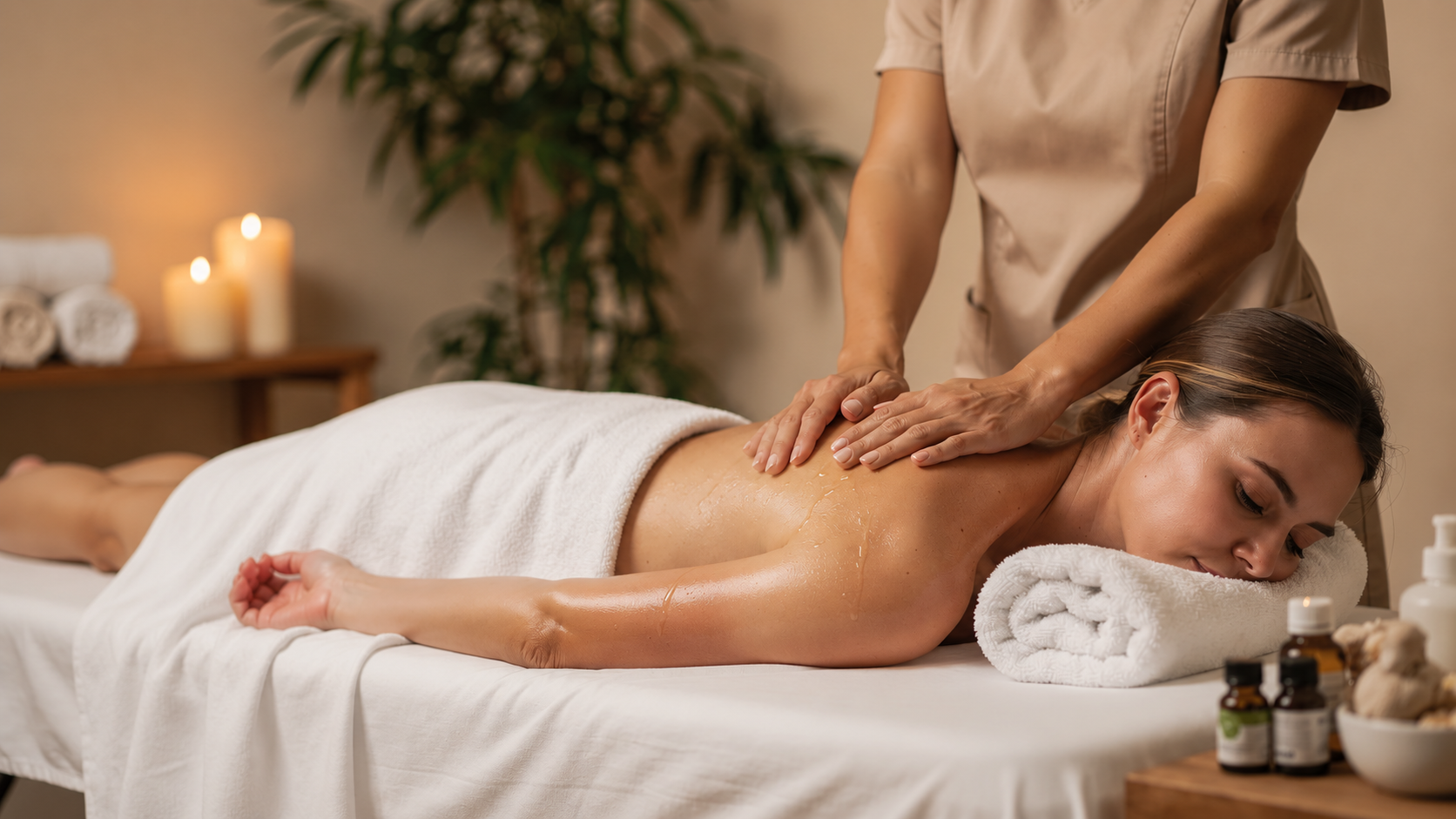 Massage therapist performing a shoulder massage on a client to relieve muscle tension.