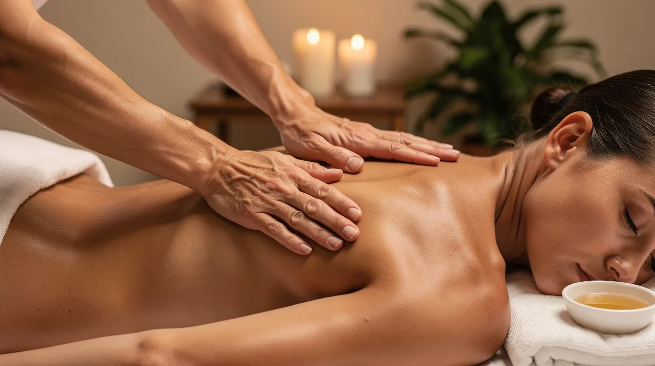 The image depicts a licensed massage therapist performing a deep tissue massage on a client, focusing on the body's soft tissues to relieve pain and promote relaxation. The setting suggests a serene wellness center, emphasizing the therapeutic benefits of massage therapy.