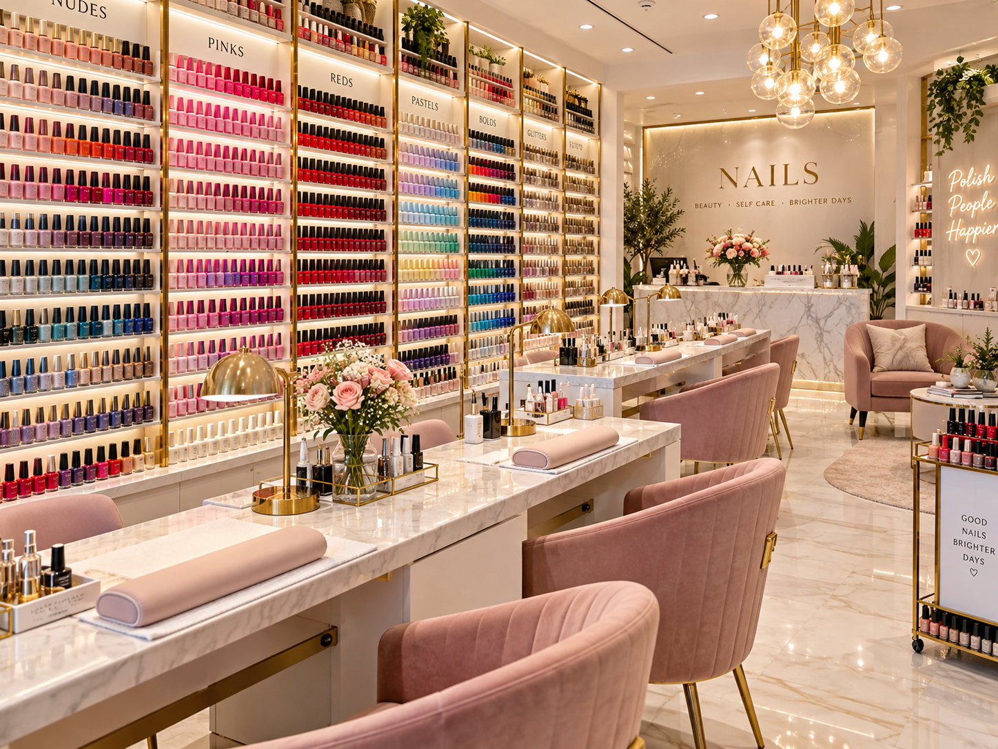 Bright, modern nail salon featuring large wall displays filled with colorful nail polish bottles, blush pink manicure chairs, marble-style tables, and elegant gold accents.