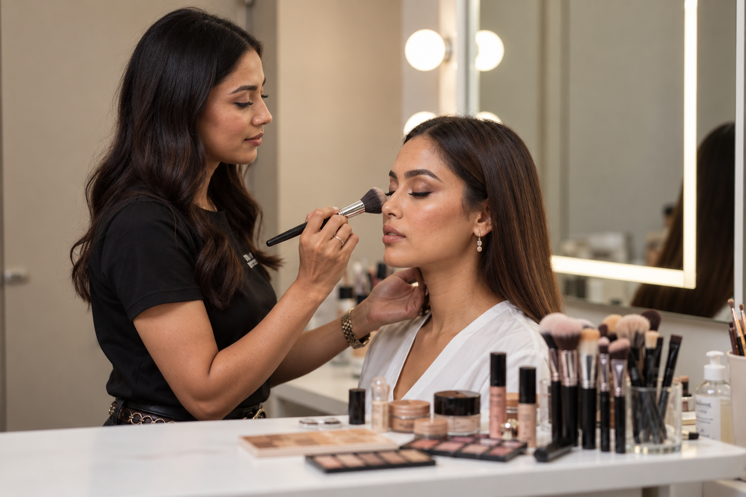 A makeup artist is skillfully applying professional makeup to a client, focusing on enhancing the eyes with eyelash extensions for a dramatic look. The process combines natural lashes with falsies to achieve perfect fullness and style, while also shaping the brows to complete the overall makeup application.
