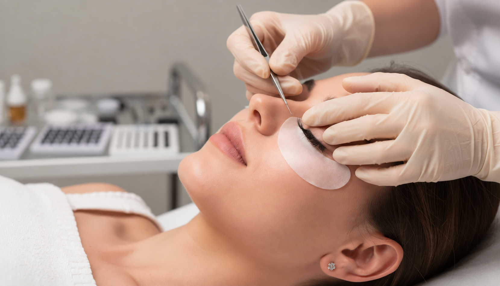 A beauty professional is meticulously applying eyelash extensions to a client's natural lashes, enhancing their eyes with a perfect lash set that adds fullness and drama. The scene captures the artistry of makeup application, showcasing the delicate process of creating beautiful, fluttery eyelashes.